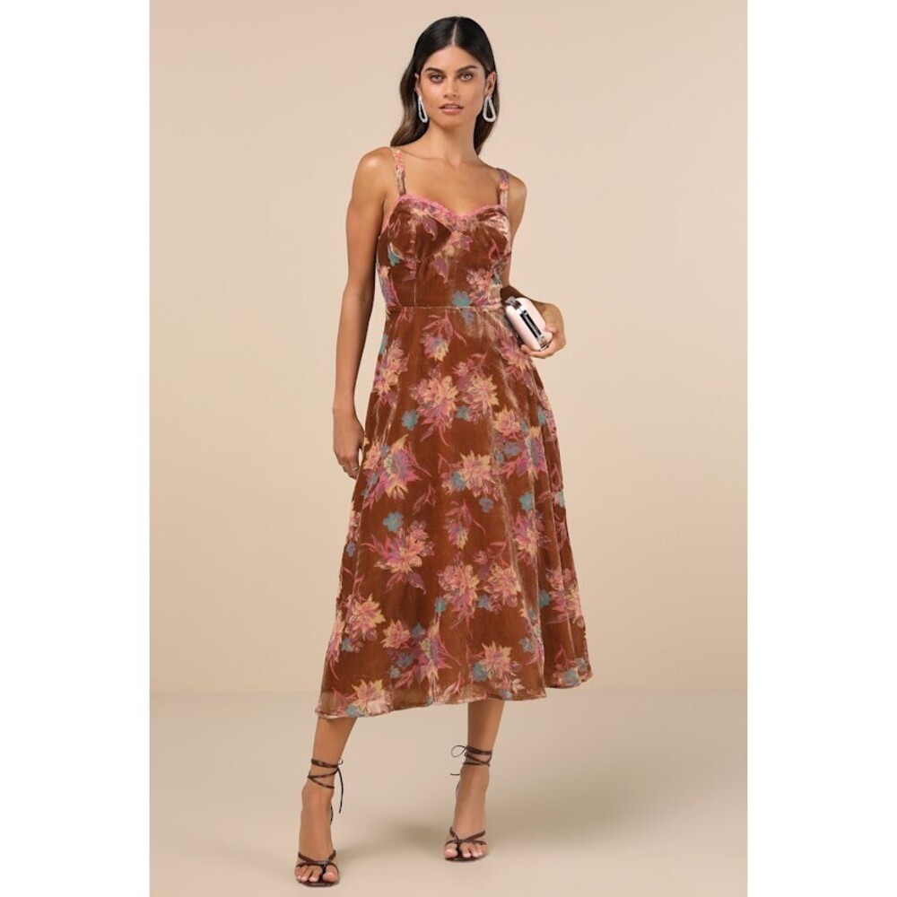 Lulus Coveted Grace Brown Velvet Burnout Bustier Midi Dress - Size S